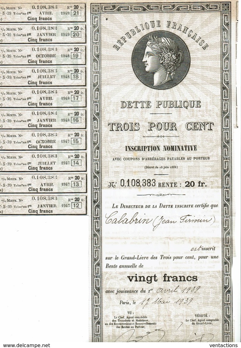 75-REPUBLIQUE FRANCAISE. Dette Publique. 1939 3% Rente 20 F - Autres & Non Classés