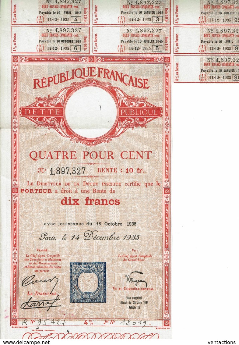 75-REPUBLIQUE FRANCAISE. Dette Publique. 1935 4% Rente 10 F - Autres & Non Classés