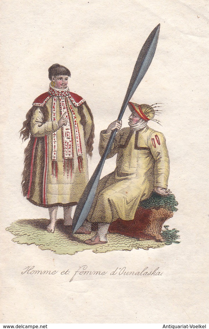 Homme Et Femme D'Ounalaska - Unalaska Alaska Mann Frau Man Woman Tracht Costume Kupferstich Copper Engraving A - Stiche & Gravuren