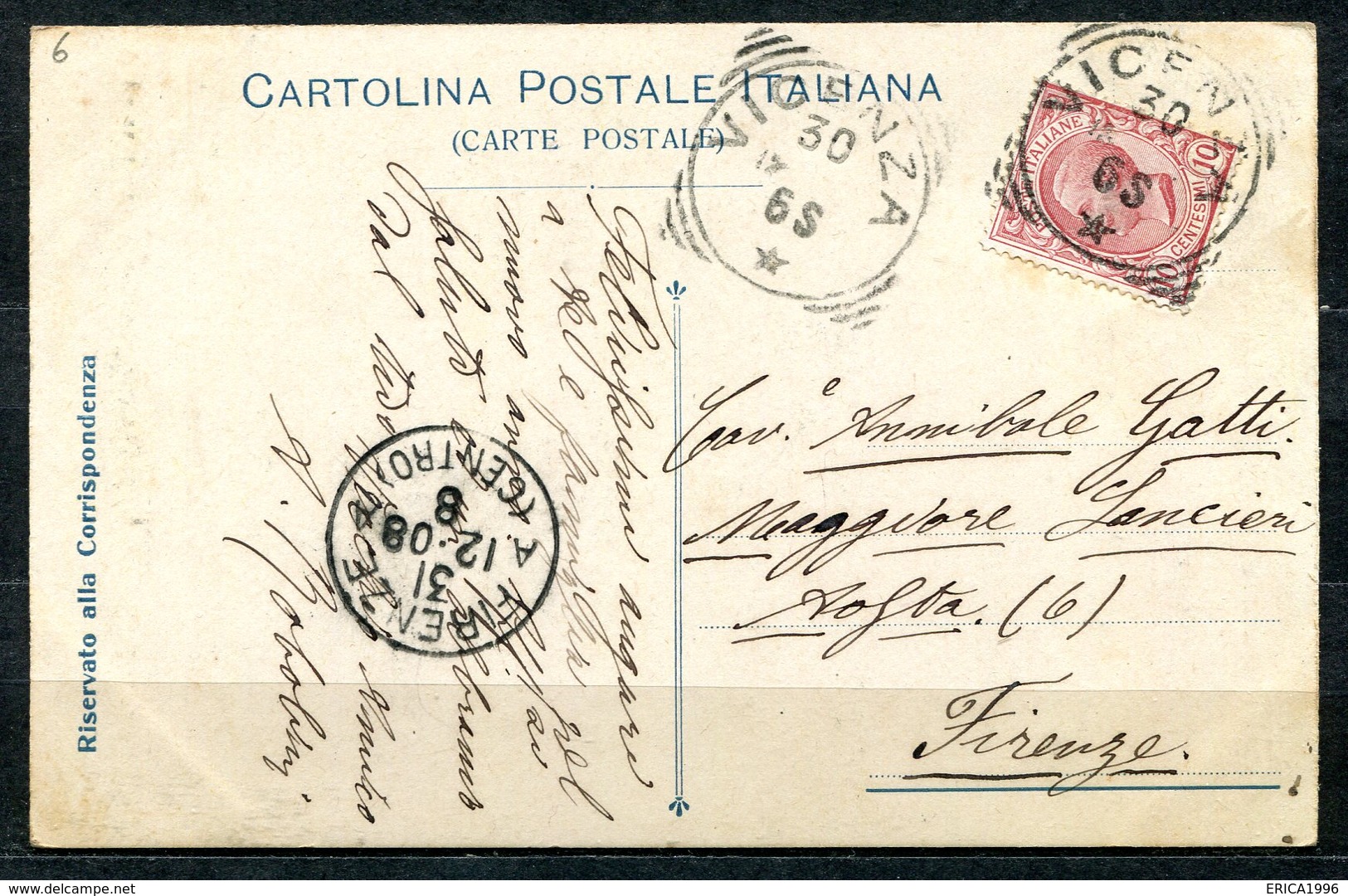 CARTOLINA - CV2553 MILITARI REGGIMENTALI Lancieri Vittorio Emanuele II, Viaggiata 1908 Da Vicenza A Firenze, Ottime Cond - Reggimenti