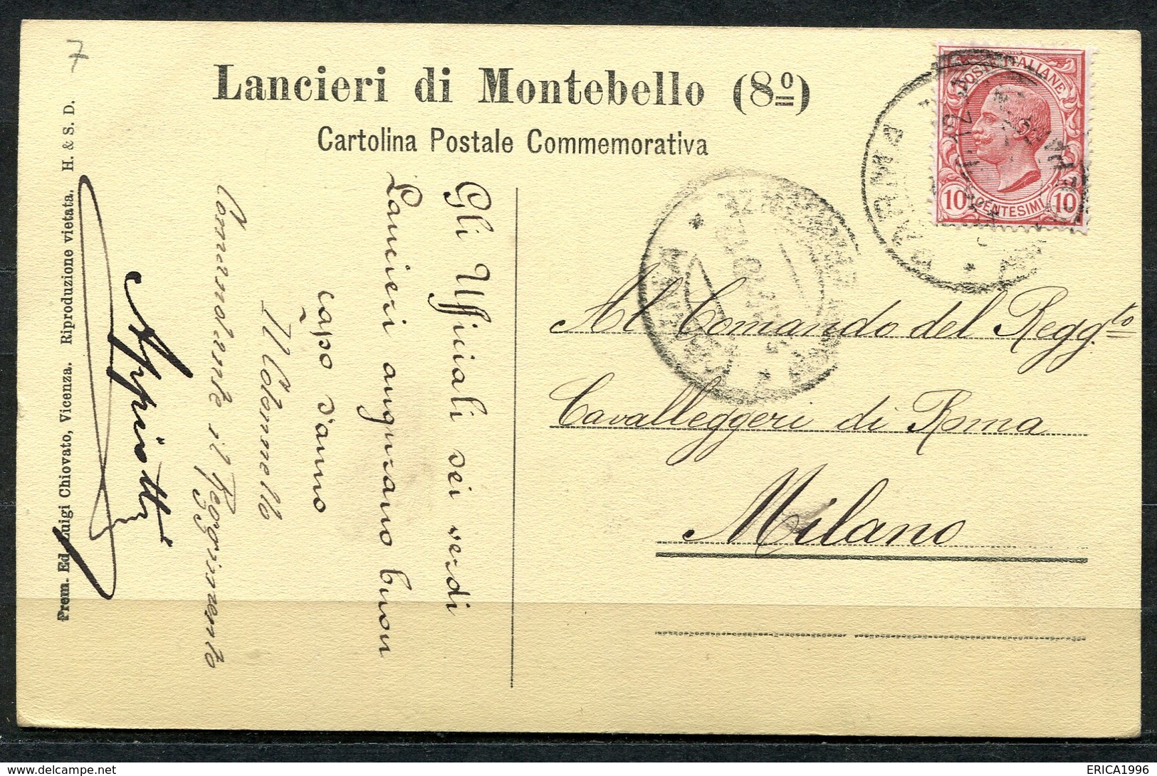 CARTOLINA - CV2567 MILITARI REGGIMENTALI 8° Reggimentro Lancieri Di Montebello, Viaggiata 1910 Da Parma A Milano, Ottime - Regimientos
