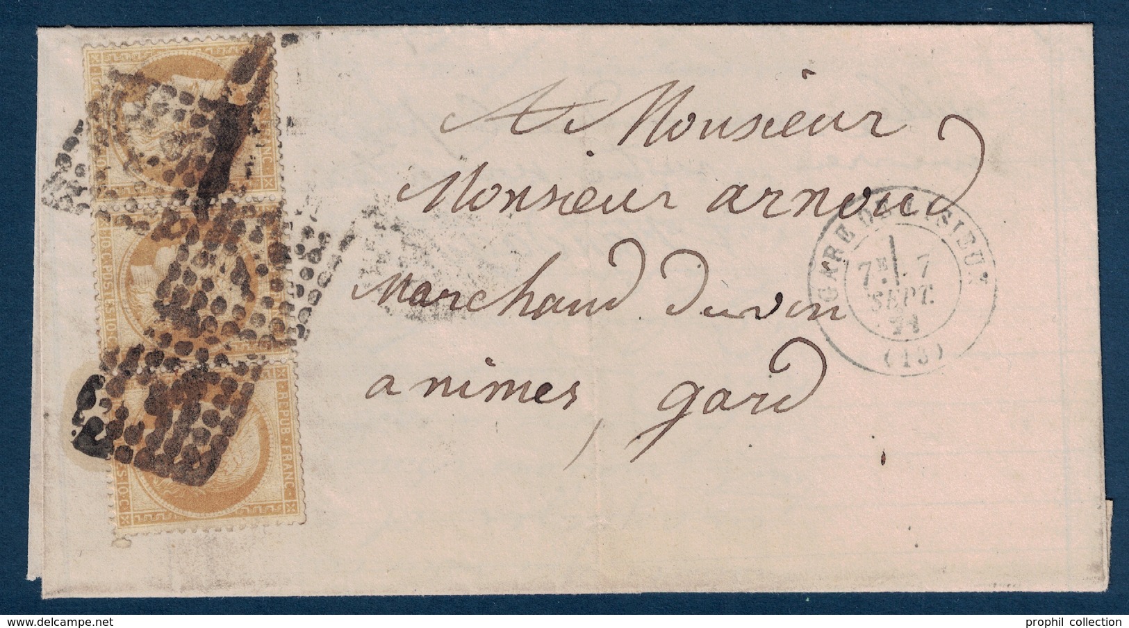 SEPTEMBRE 1871 - CERES N° 36 En BANDE DE 3 TIMBRES Sur LETTRE CAD GARE DE LISIEUX + AMBULANT Pour NIMES GARD - 1849-1876: Période Classique