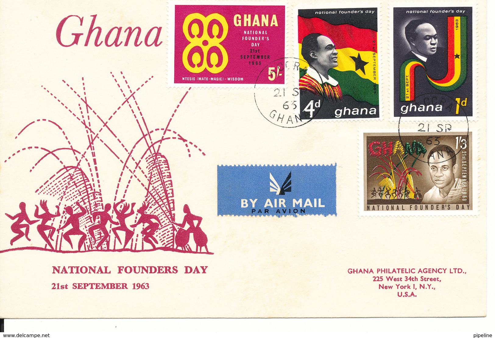 Ghana FDC 21-9-1963 National Founders Day Complete Set Of 4 With Cachet (some Brown Stains On The Backside Of The Cover) - Ghana (1957-...)