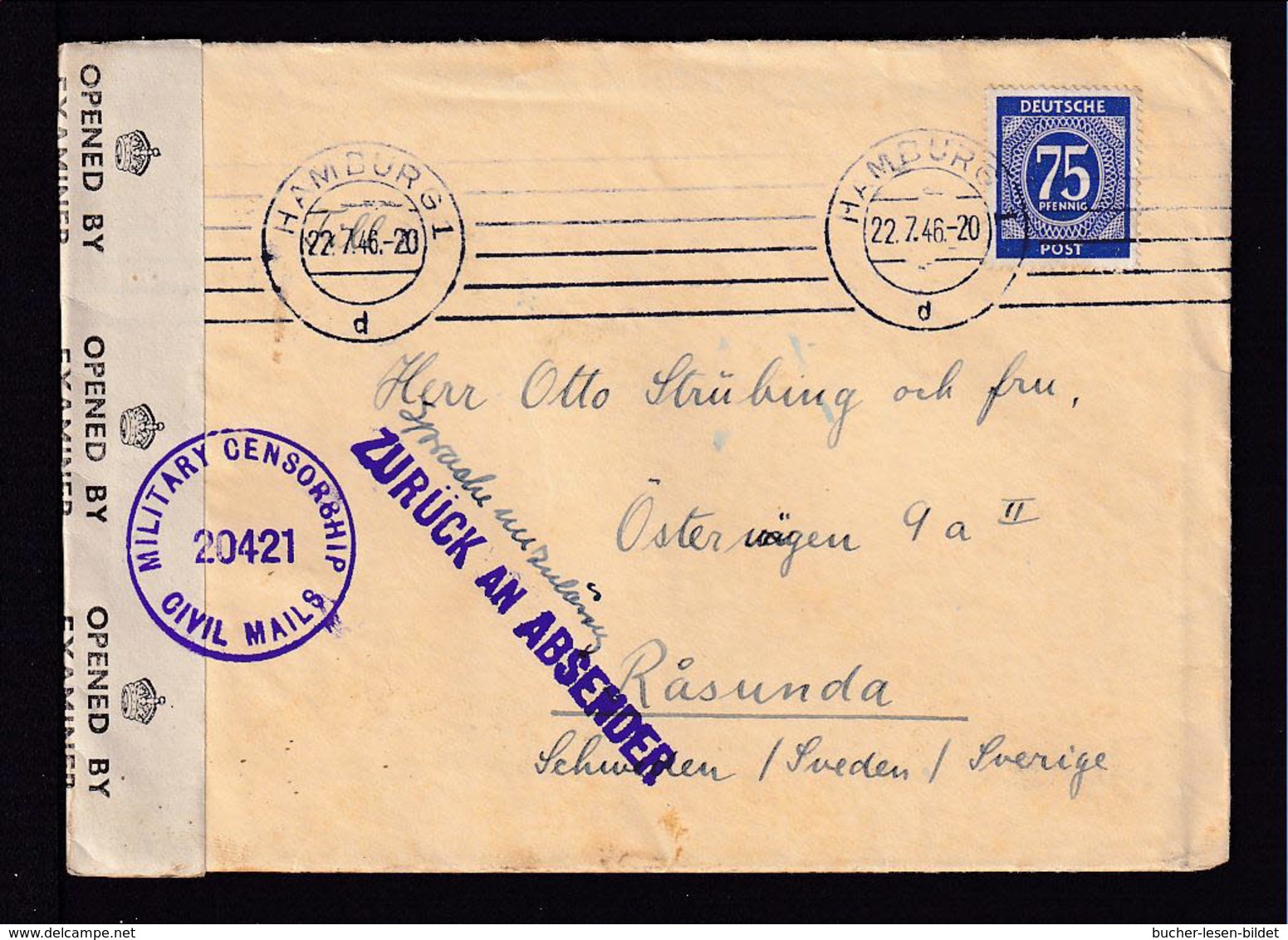 1946 - Brief Ab Hamburg Nach Schweden - Zensur Und "ZURÜCK AN ABSENDER", Handschriftlich "Sprache Unzulässig" - Autres & Non Classés