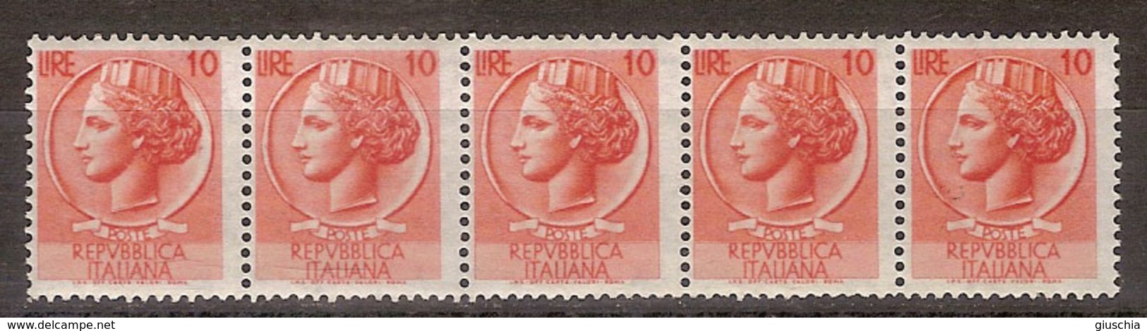 (Fb).Repubblica.1956-63.Macchinette Distributrici.10 Lire Vermiglio Striscia Di 5 Con Numero Al Verso (34-18) - 1946-60: Mint/hinged