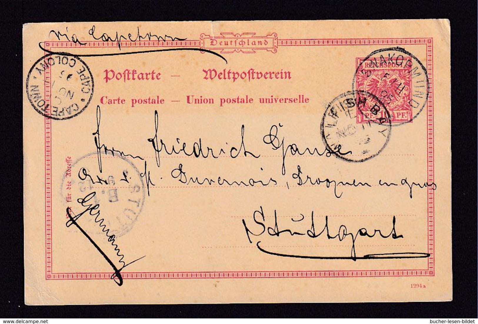 1895 - 10 Pf. DR-Ganzsachen Ab Swakopmund Via WALFISHBAY Nach Stuttgart - Sud-Ouest Africain Allemand