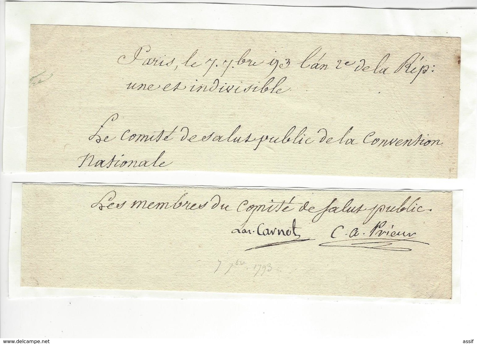 Lazare CARNOT + Claude-Antoine Prieur-Duvernois (de La Côte D'Or) 1793 AUTOGRAPHE ORIGINAL COMITE DE SALUT PUBLIC - Autres & Non Classés