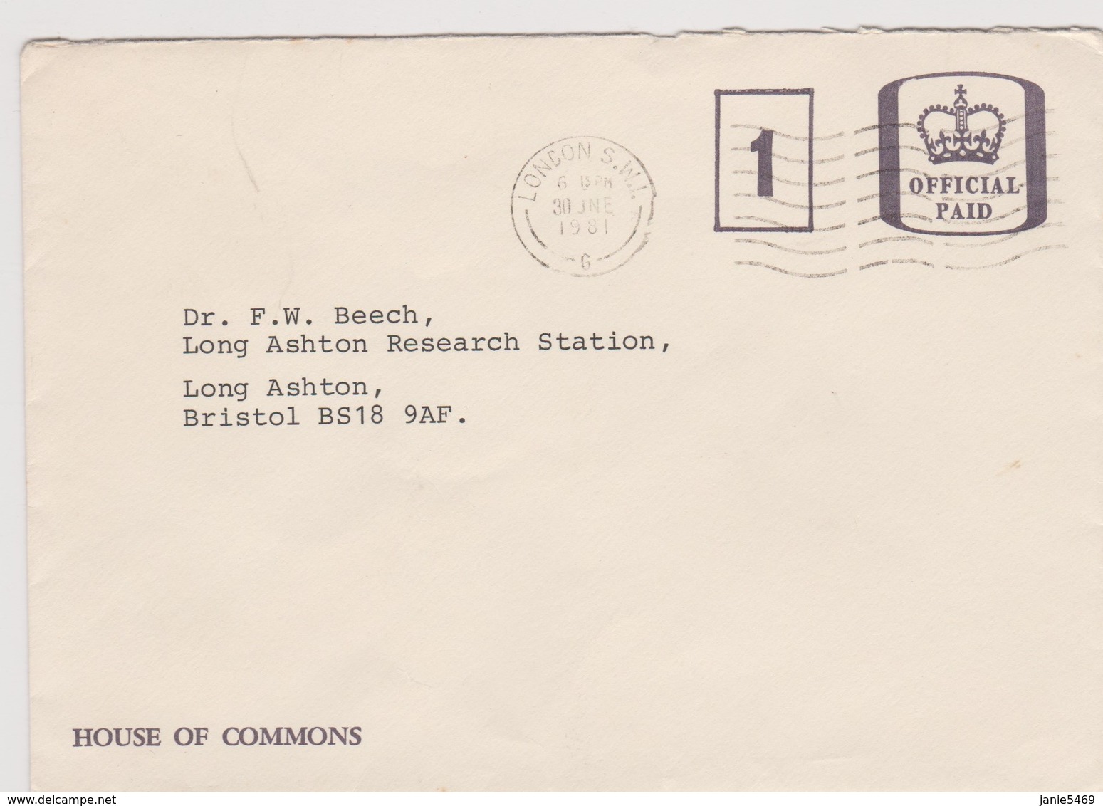 Great Britain 1981 House Of Common OFFICIAL PAID Cover - Used Stamps