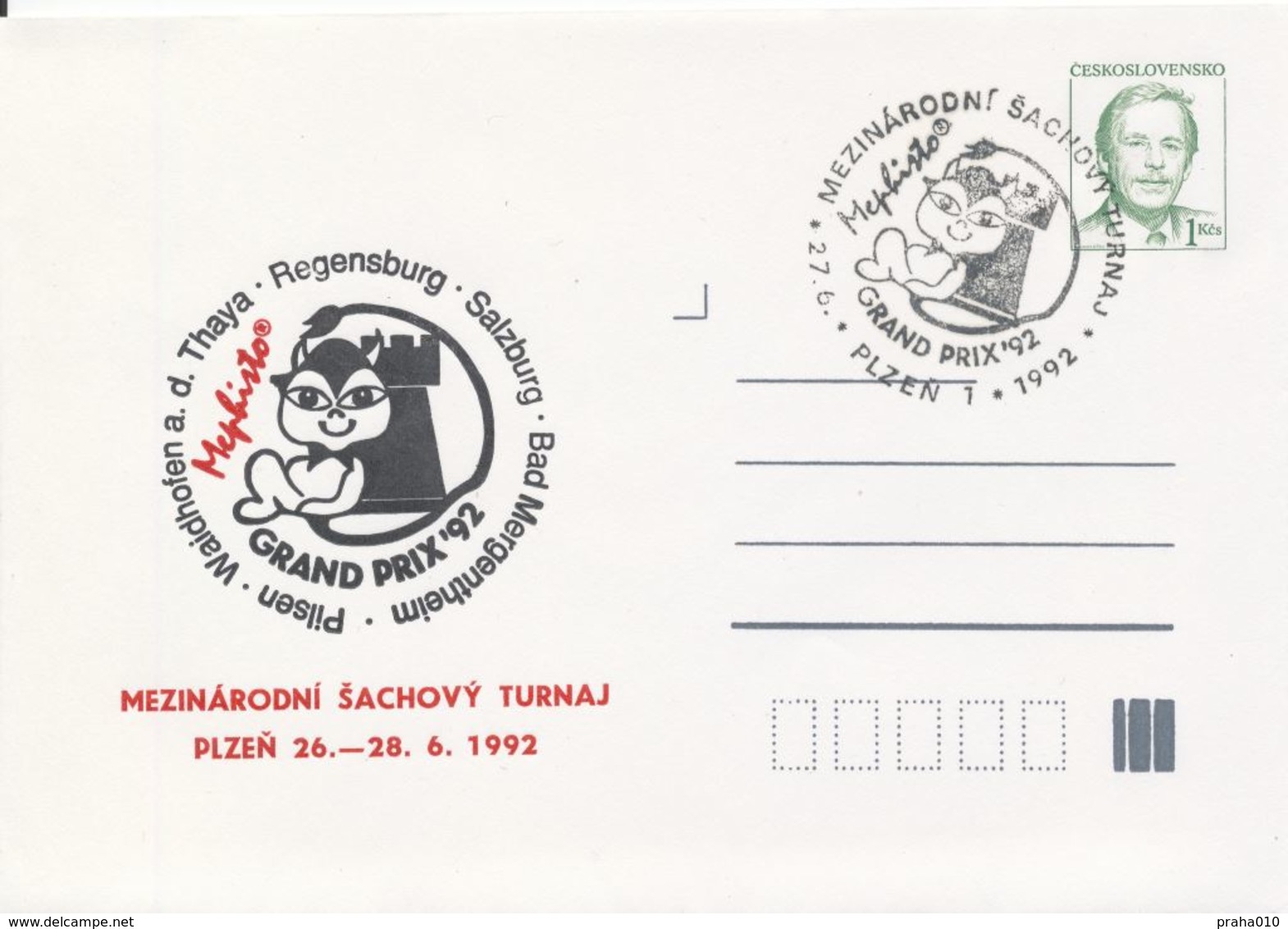 J0883 - Cecoslovacchia / Interi Postali (1992) V. Havel; Plzen 1: Torneo Internaz. Di Scacchi Mephisto GRAND PRIX '92 - Enveloppes