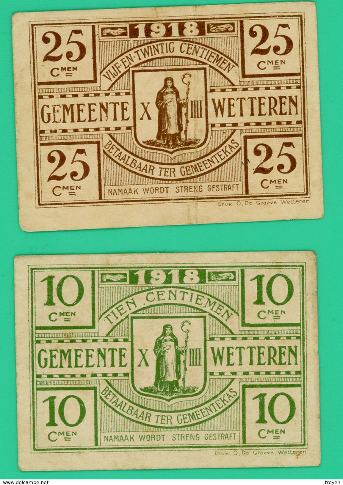10 Et 25 Centimes - Nécessité - Belgique - Gemeente Wetteren - N° 18286 Et 04437 - 1918 - TTB - - Andere & Zonder Classificatie