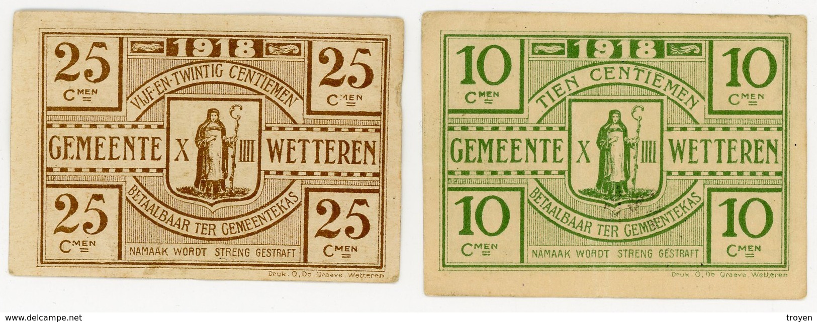 10 Centimes Et 25 Centimes - Belgique - 1918 - Nécessité - Gemeente Wettere - TTB - - Autres & Non Classés