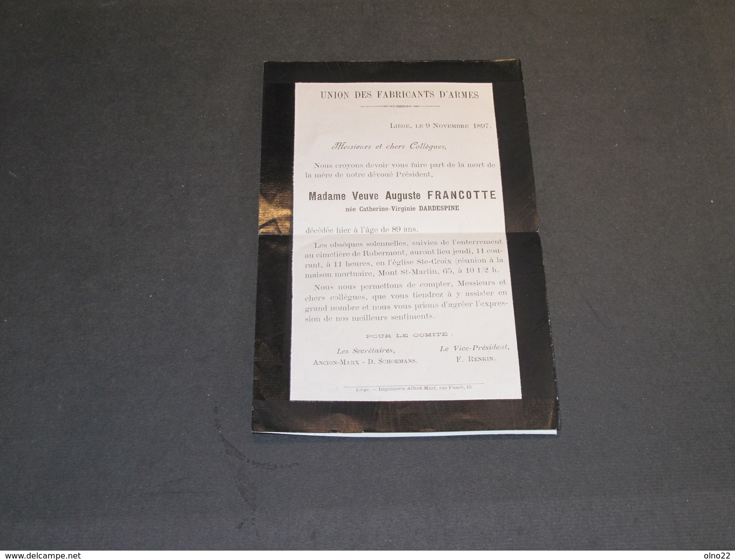 UNION DES FABRICANTS ARMES-LIEGE 9/11/1897-DECES DE DARDESPINE VIRGINIE à L'âge De 89 Ans - Décès