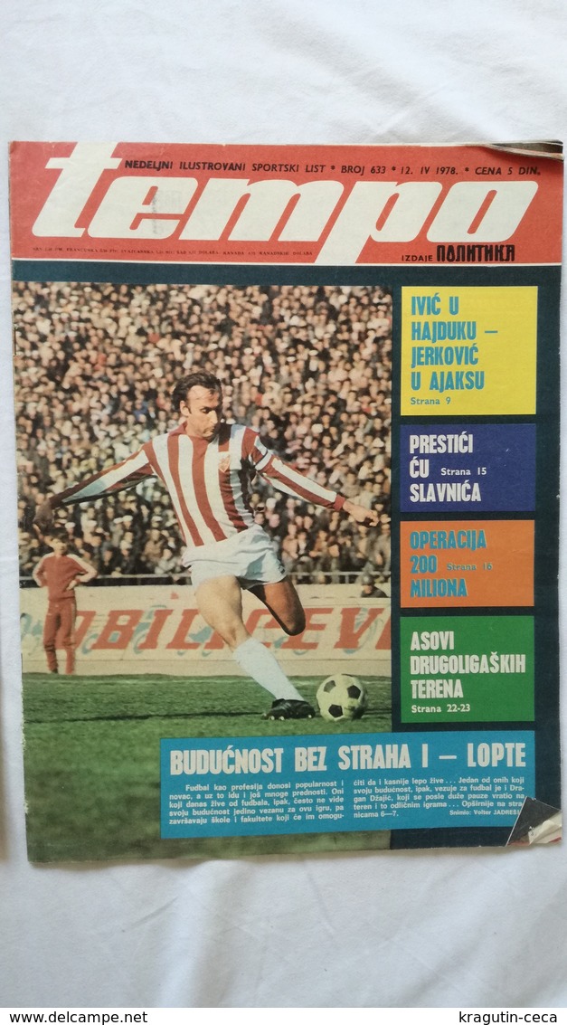 1978 TEMPO YUGOSLAVIA SERBIA SPORT FOOTBALL MAGAZINE NEWSPAPERS AJAX GYMNASTICS SLAVICA KUNDACIN Rubén Hugo Ayala ZVEZDA - Sports