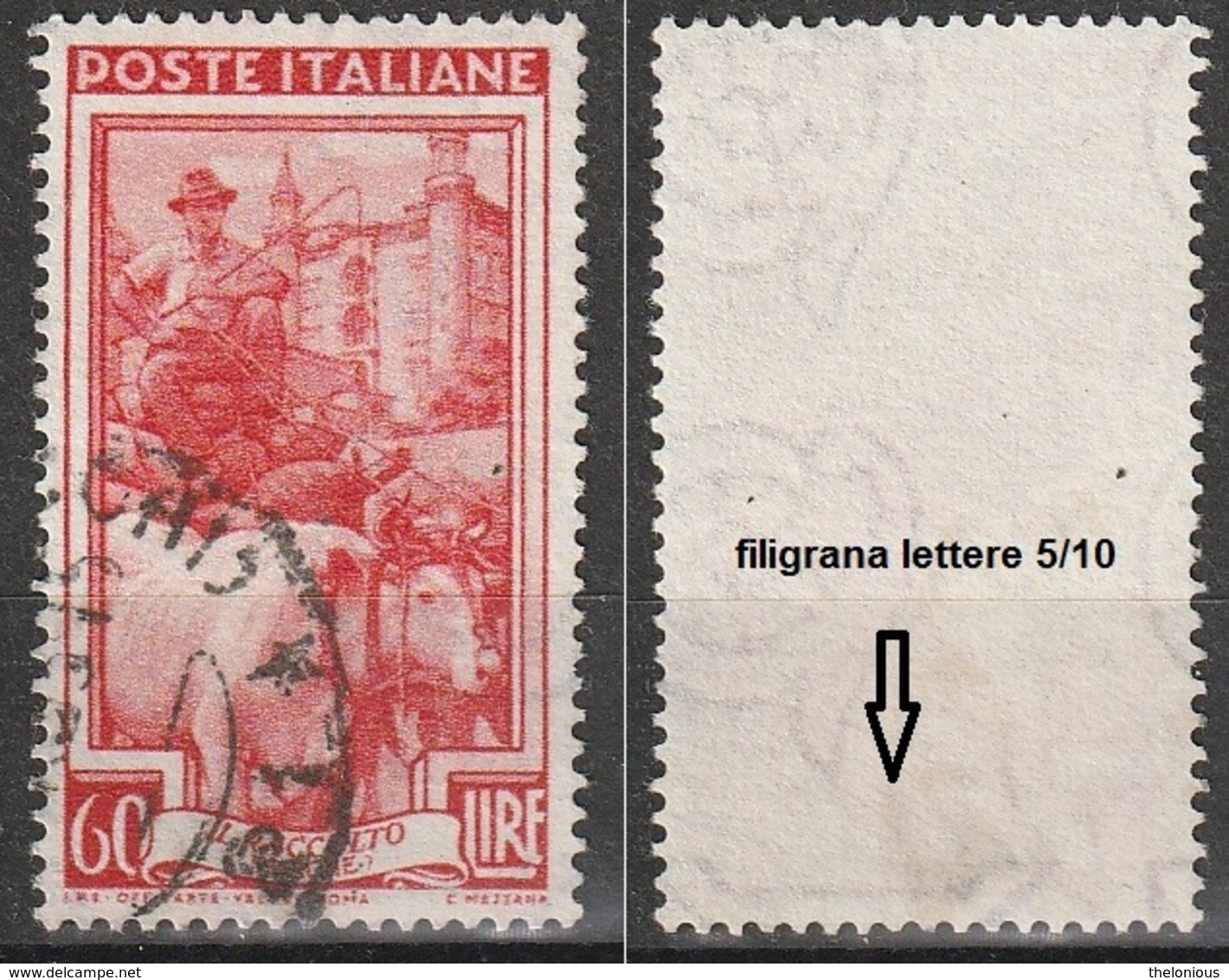 Filigrana Lettere Bassa 5/10 - 60 Lire Ruota 3° DB Italia Al Lavoro - 1946-60: Usati