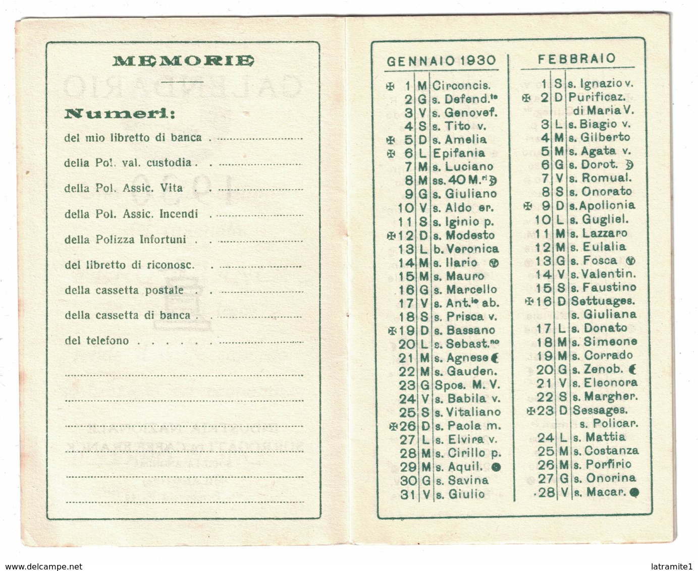 CALENDARIETTO   VERO FRANCK  1930 - Altri & Non Classificati