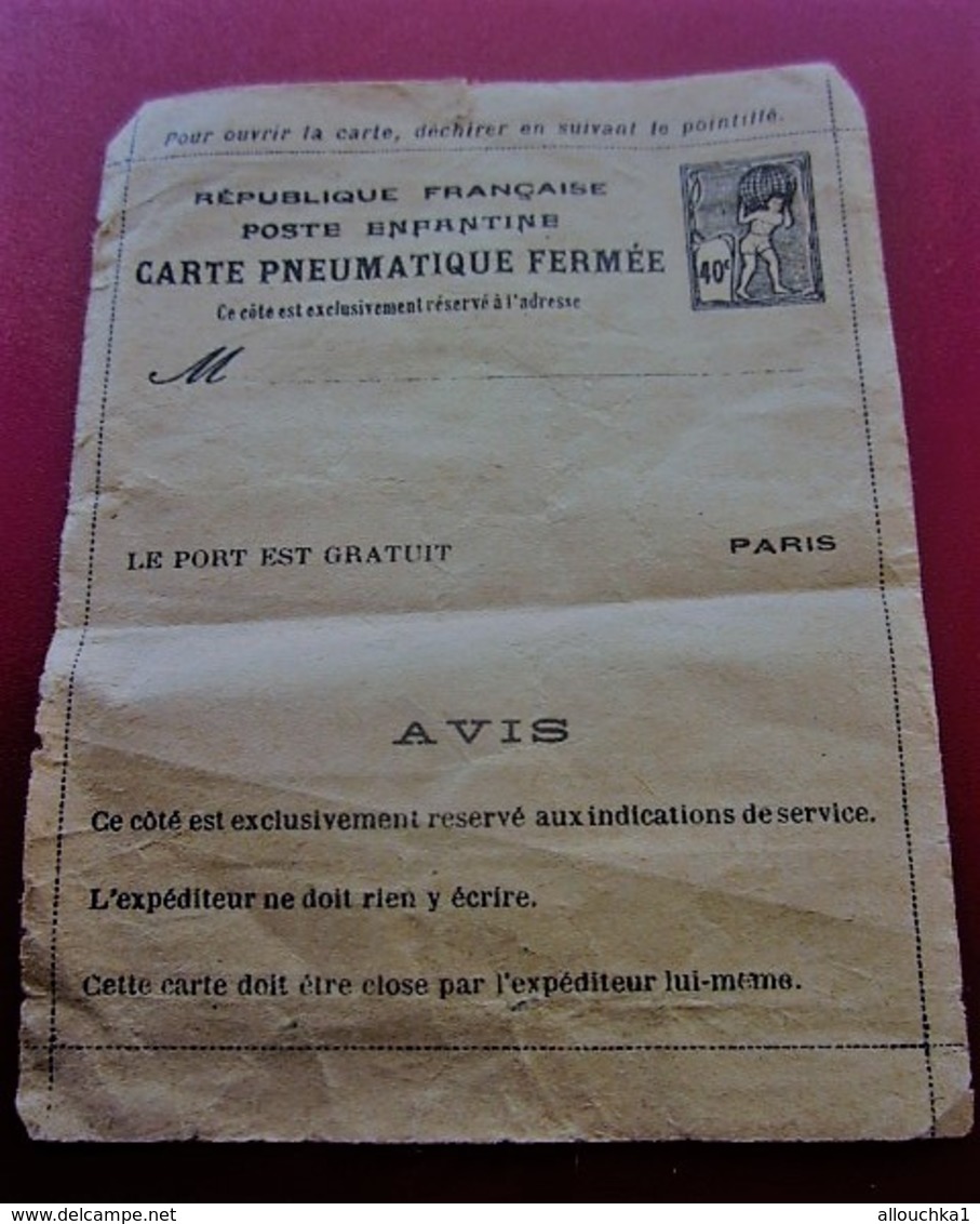 P.T.T LA POSTE ENFANTINE CARTE PNEUMATIQUE FERMÉE RÉPUBLIQUE FRANÇAISE PSEUDO ENTIERS POSTAUX Privés - Privatganzsachen