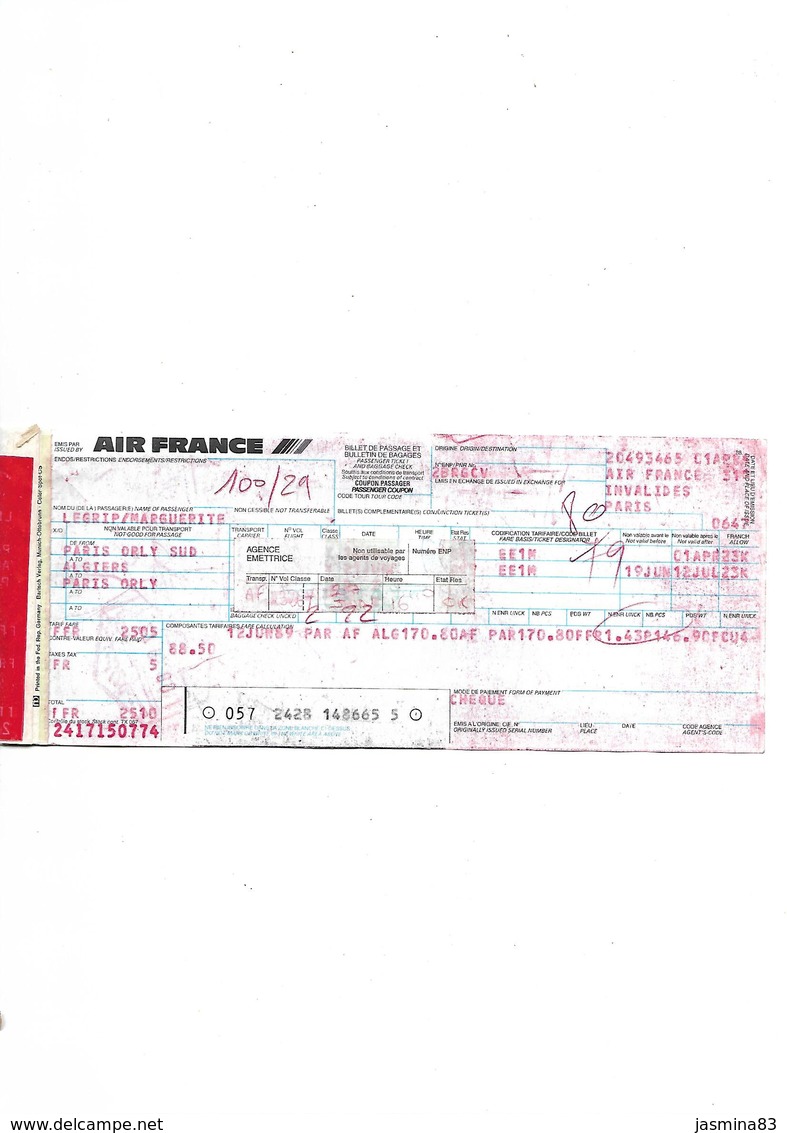 Billet D'avion Air France Paris Orly Alger Paris Orly En 1988 - Autres & Non Classés