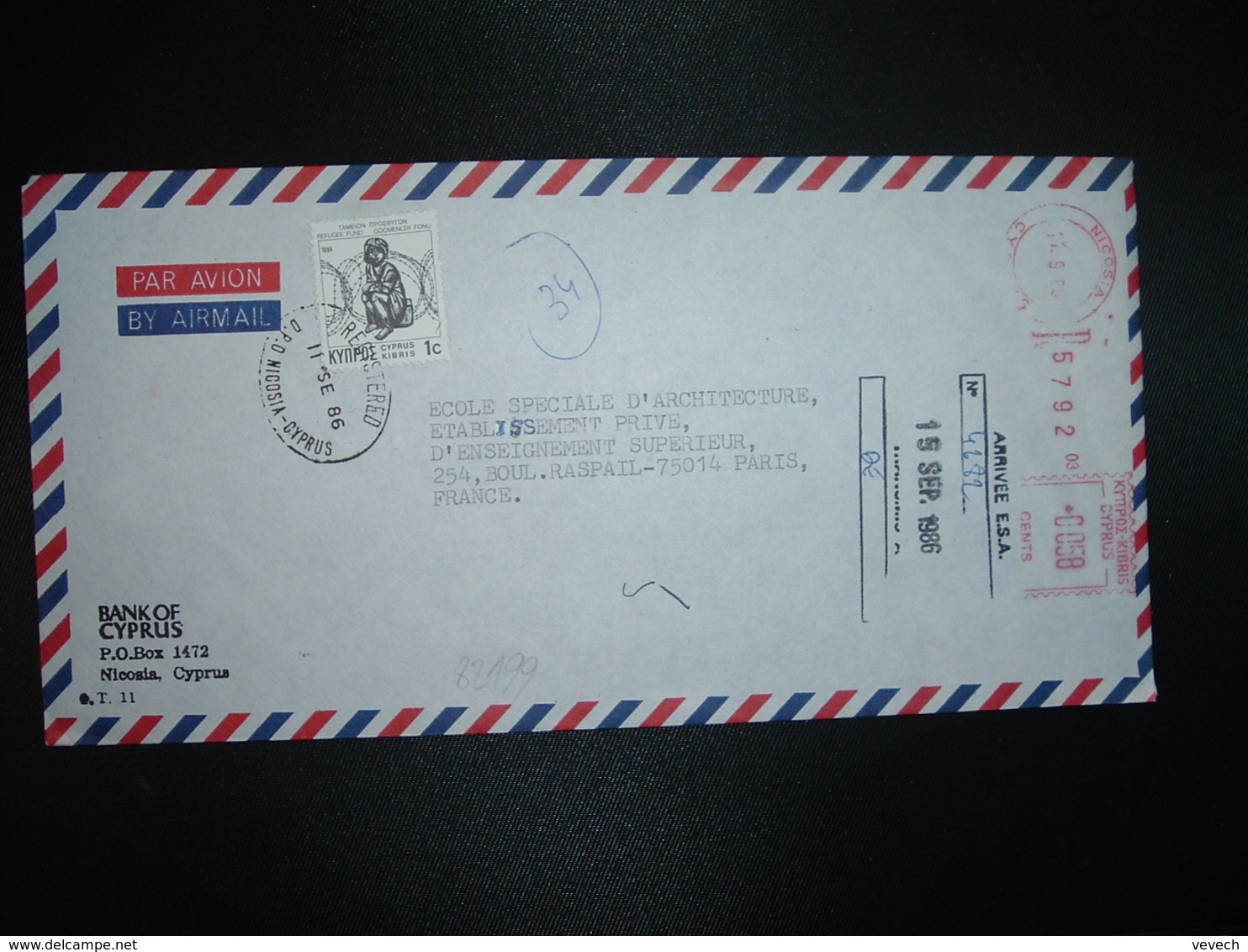 LR Pour FRANCE EMA à 0058 Du 11.9 86 NICOSIA + TP REFUGEE FUND 1c OBL.11 SE 86 REGISTERED D.P.O. NICOSIA CYPRUS - Lettres & Documents