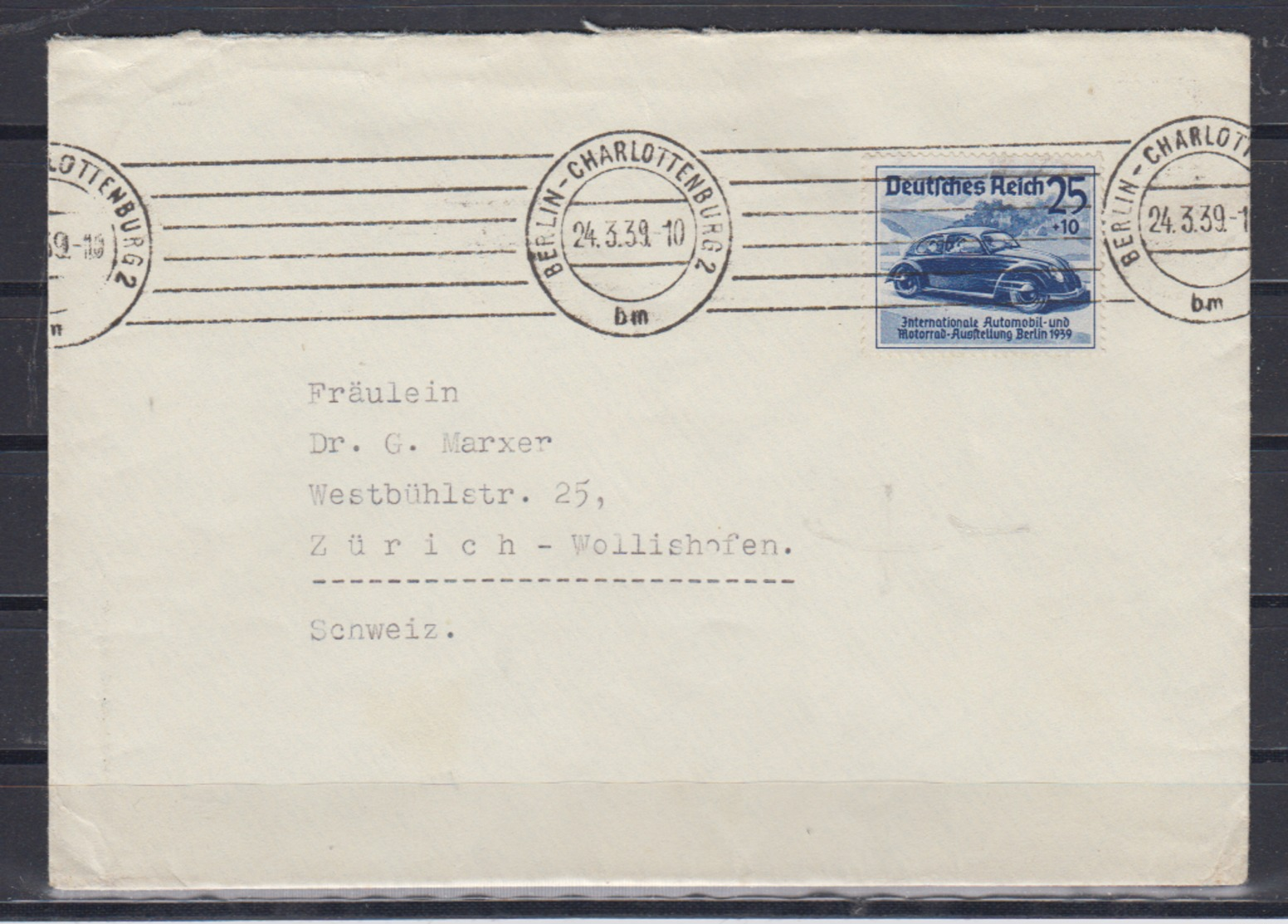 Dt.Reich Auslandsbrief Berlin-Charlottenburg/24.3.39 Mit 1x 688 (IAA Berlin) In Die Schweiz (230.-) - Briefe U. Dokumente