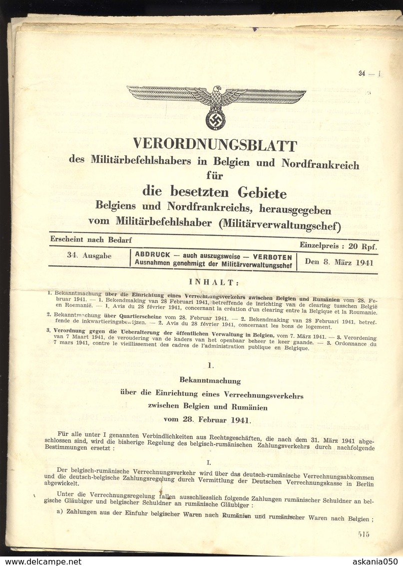 JL 1 2e Guerre 8 X Verordnungsblatt Pour La Belgique Et Les Provinces De Namur/Liège/ Luxembourg - 1939-45