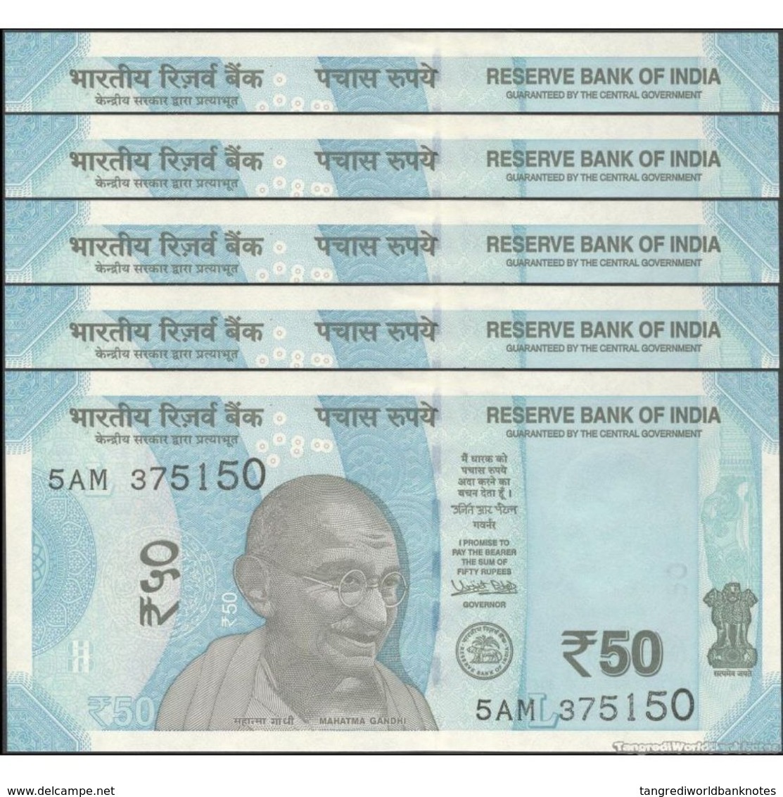 TWN - INDIA NEW - 50 Rupees 2017 DEALERS LOT X 5 - Prefix 5AM - Plate Letter L UNC - India