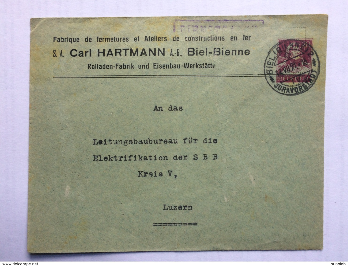 SWITZERLAND 1921 Pre-paid Cover Biel Juravorstadt To Luzern With Dienstmarke Cachet - Briefe U. Dokumente