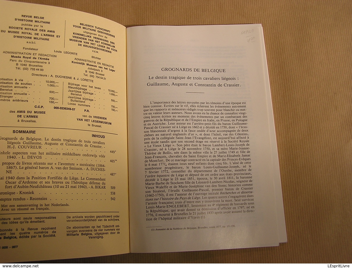 REVUE BELGE D' HISTOIRE MILITAIRE XXII 6 Oorlog Guerre 40 45 Oscar D' Ardenne Fort Liège Aubin Neufchâteau Grognards - Geschichte