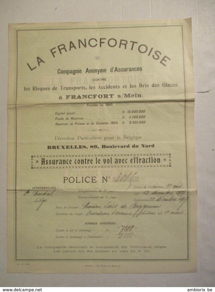 Provedroux Lierneux - Château De Ste Marie - Contrat D'assurance De 1917 La Francfortoise - 1900 – 1949