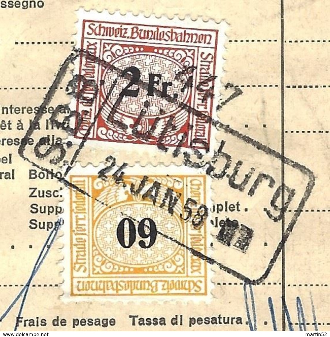 Schweiz Suisse: SBB-Frachtbrief CFF Lettre De Voiture FSS Lettera Di Vettura Michel-No. 77+82 O LÜTISBURG 24 JAN. 58 - Chemins De Fer