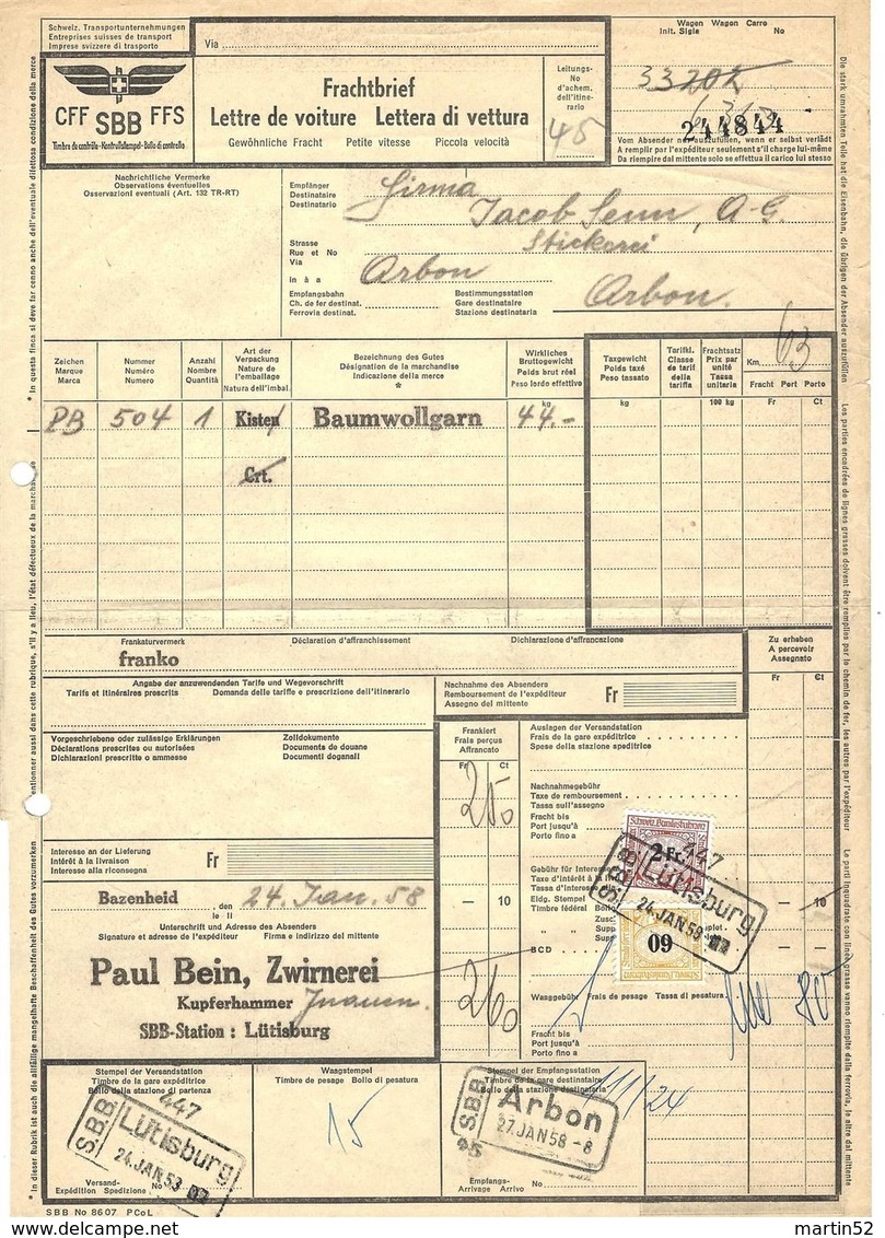 Schweiz Suisse: SBB-Frachtbrief CFF Lettre De Voiture FSS Lettera Di Vettura Michel-No. 77+82 O LÜTISBURG 24 JAN. 58 - Ferrovie