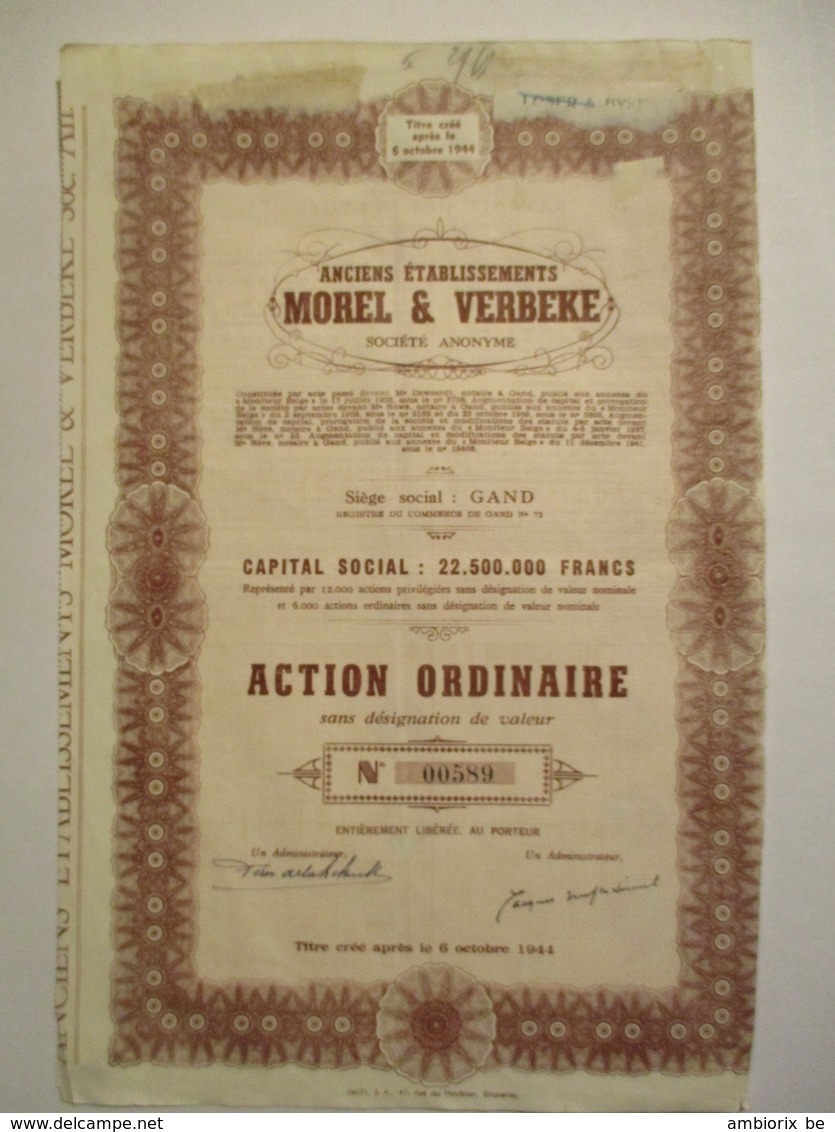 Anciens établissements Morel Et Verbeke - Action Ordinaire - Andere & Zonder Classificatie