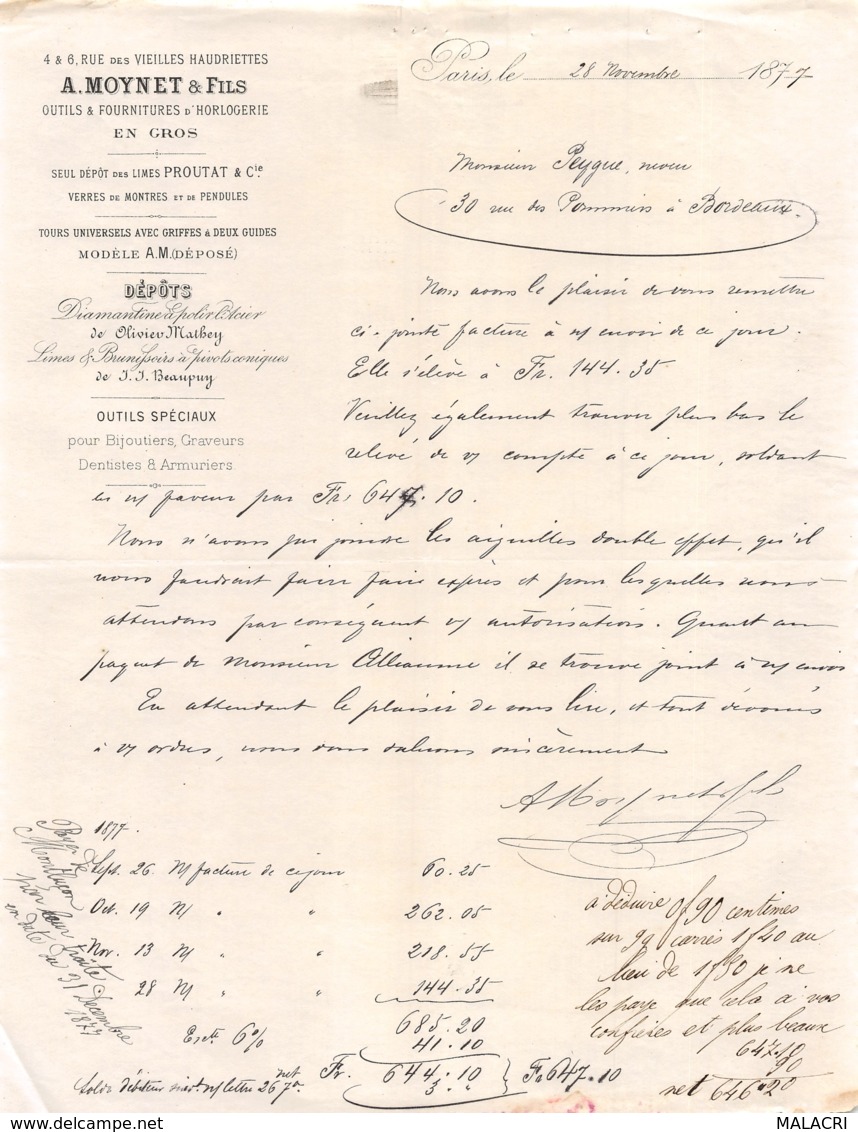 15-0798    1877  A. MOYNET & FILS A PARIS - M. PEYGUE A BORDEAUX - 1950 - ...