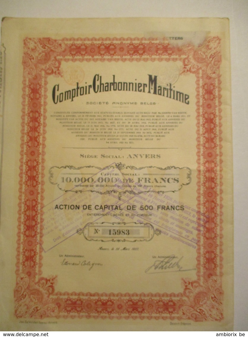 Comptoir Charbonnier Maritime - Action De 500 Francs - Capital 10 000 000 - Mijnen