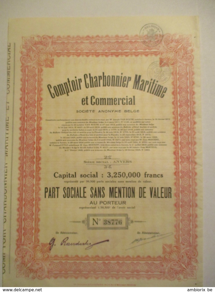 Comptoir Charbonnier Maritime - Part Sociale Sans Mention De Valeur - Capital 3 250 000 - Mines