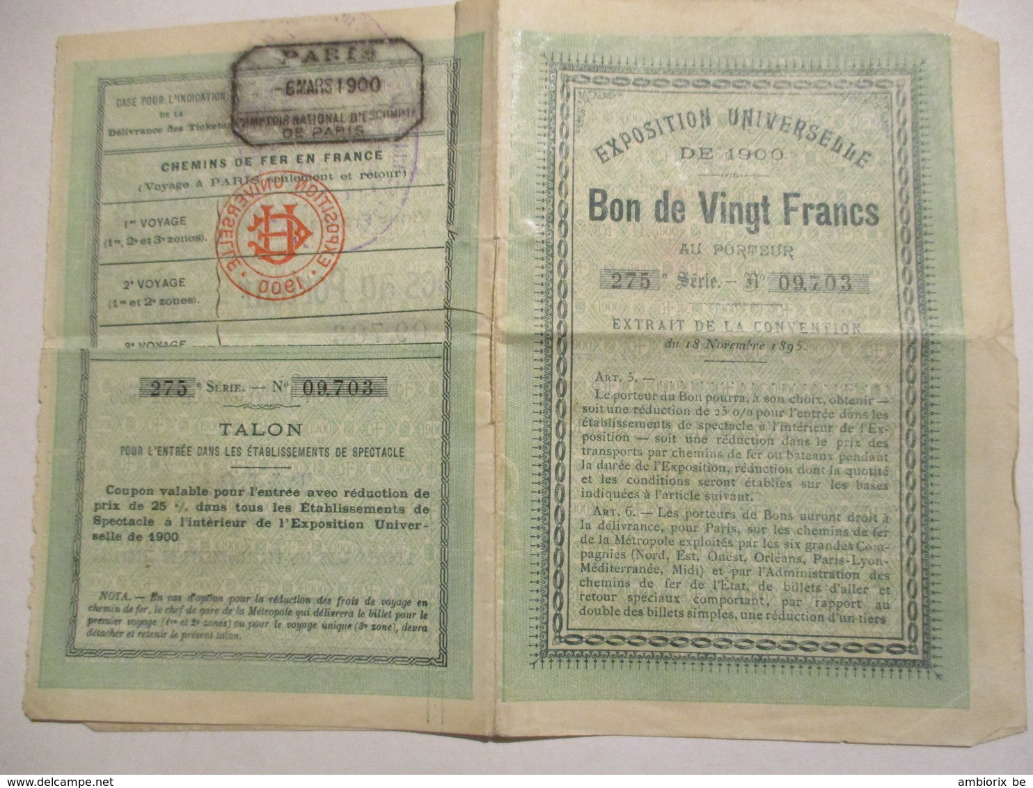 Exposition Universelle De 1900 - Bon De Vingt Francs Au Porteur - Autres & Non Classés