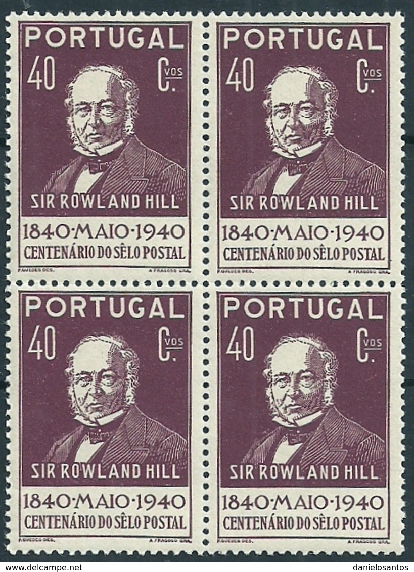 Portugal 1940 Postal Stamp Centenary  Sir Rowland Hill - 1º Centenário Do Selo Postal Block Of 4 MNH - Rowland Hill