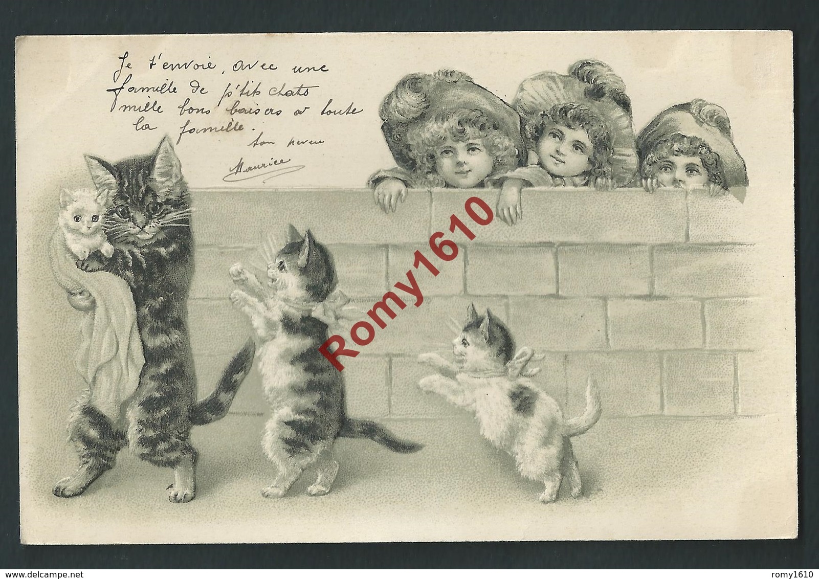 Chats. Superbe Illustration. Enfant, Maman Chatte Et Ses Petits. Belle Carte En Relief, Gaufrée, Embossed.1902 - 2 Scans - Chats