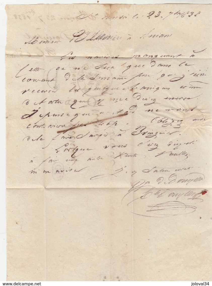 Lettre GIGNAC Hérault 23/9/1838 Taxe Manuscrite 1 Cachet CL Correspondance Locale De Douysset St André à Vernière Aniane - 1801-1848: Précurseurs XIX