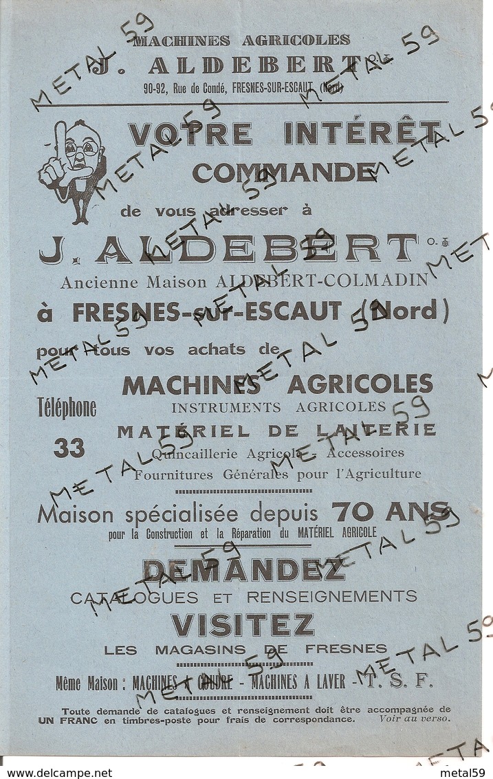 Publicité Machines Agricoles J. Aldebert, Fresnes Sur Escaut - Agriculture