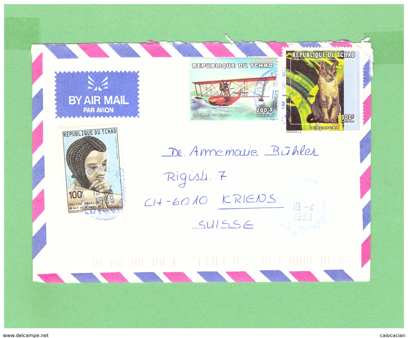 TCHAD REPUPLIQUE 1999 AIR MAIL COUVERT WITH 3 STAMPS TO SWISS - Ciad (1960-...)