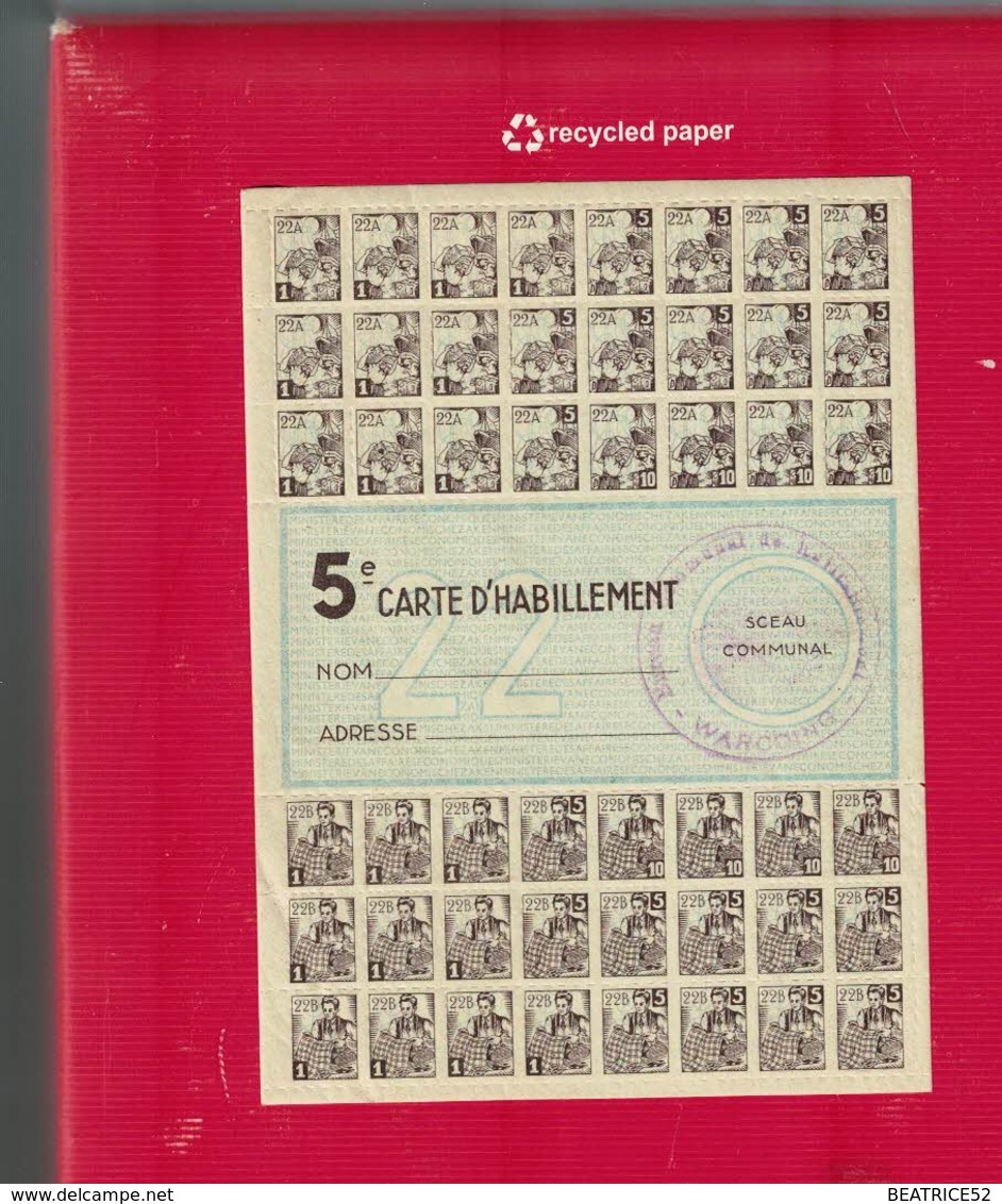 GUERRE 1939 1945 WARCOING  CARTE D' HABILLEMENT AVEC TIMBRES - Autres & Non Classés