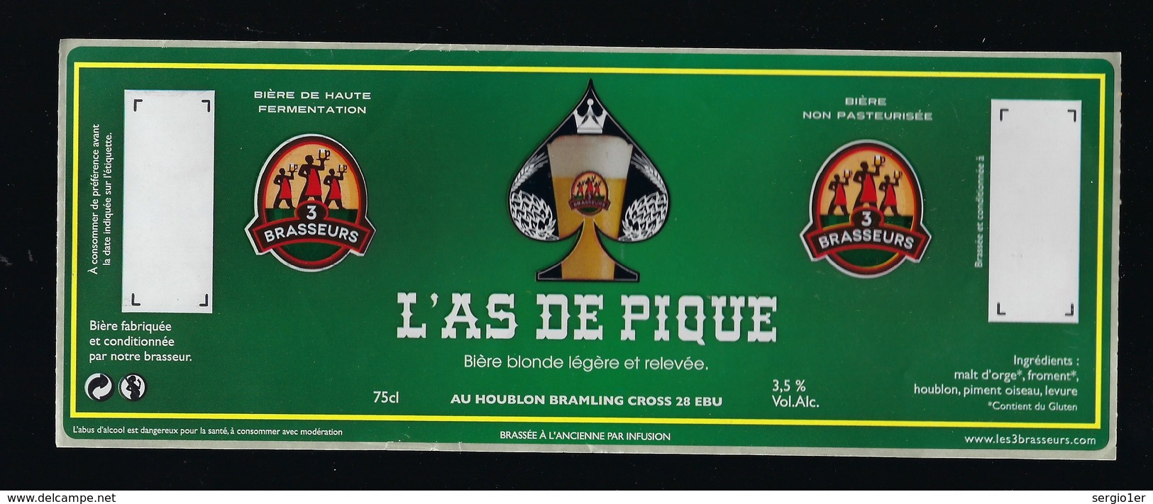 Etiquette Biere  Blonde L'As De Pique  3,5-% 75-cl  Les 3 Brasseurs - Bière