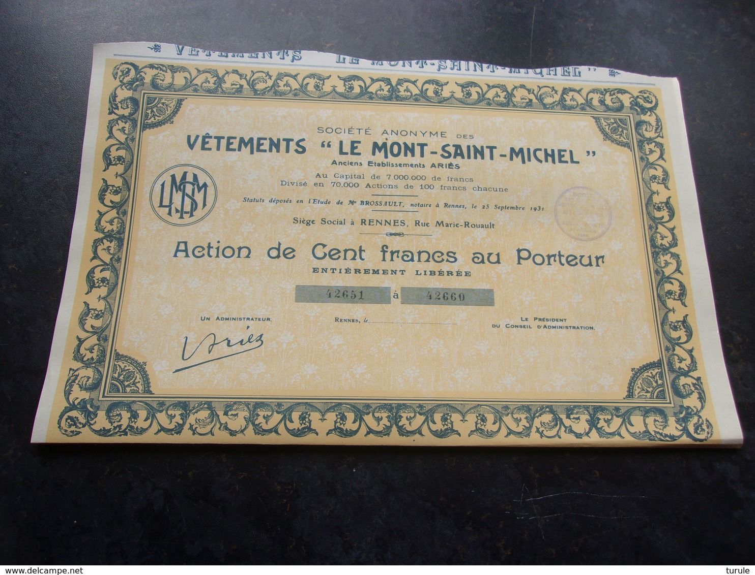 Vetements " LE MONT SAINT MICHEL " (titre De 10 Actions 100 Francs) Rennes , Ille Et Vilaine - Autres & Non Classés
