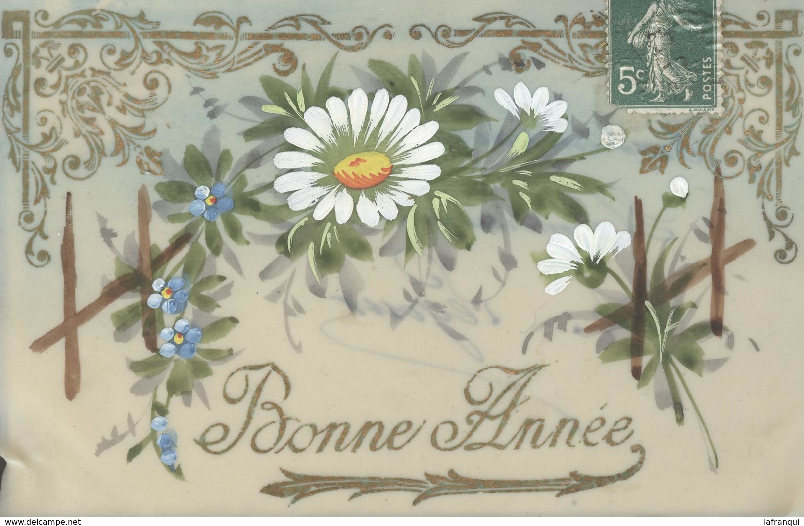 Themes Div-ref AA813- Carte Celluloide -celluloid -translucide - Carte Peinte A La Main -fleurs - Bonne Année - - Autres & Non Classés