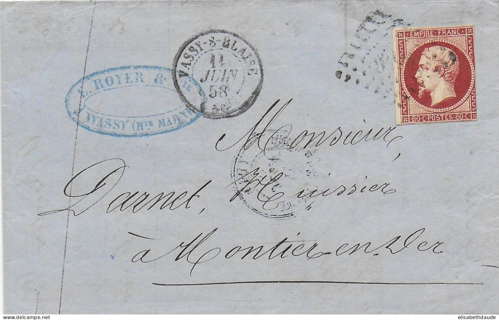 1858 - HAUTE MARNE - LETTRE 3° ECH. De VASSY-S-BLAISE => MONTIER EN DER - 1853-1860 Napoleon III