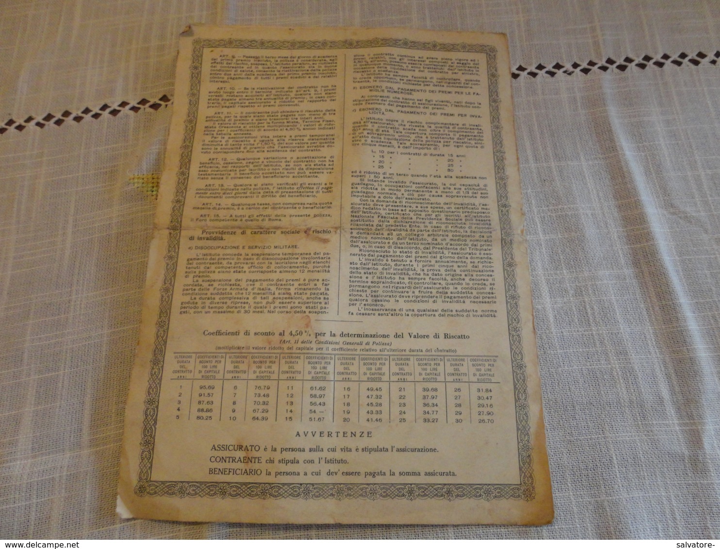 POLIZZA POPOLARE DI ASSICURAZIONE MISTA CON 31 MARCHE DA BOLLO DA 15 L. ISTITUTO NAZ. DELLE ASSICURAZIONI POPOLARI-1937 - Banca & Assicurazione