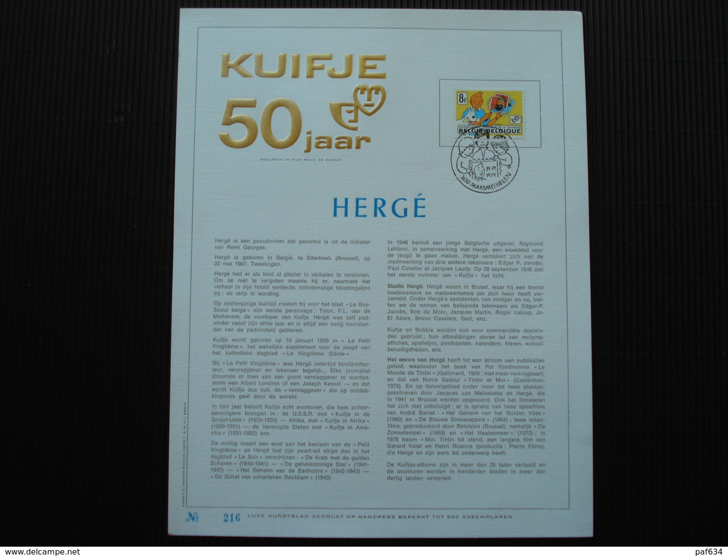 **KUIFJE**Luxe Kunstblad Met Gouddruk-genummerd **Kuifje 50 Jaar** - Souvenir Cards - Joint Issues [HK]