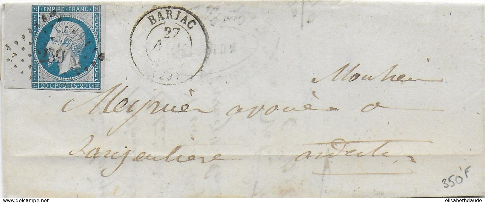 1860 - BORD DE FEUILLE ! - GARD - LETTRE De BARJAC Avec PC 259 (IND 7)   => ARDECHE - 1853-1860 Napoleon III