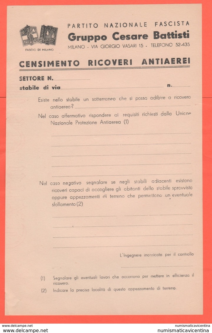 PNF Censimento Ricoveri Antiaerei Milano - Documenti