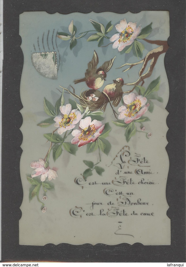Themes Div-ref AA789- Carte Celluloide -celluloid -translucide -aquarelle-carte Peinte A La Main-nid D Oiseaux Et Fleurs - Autres & Non Classés